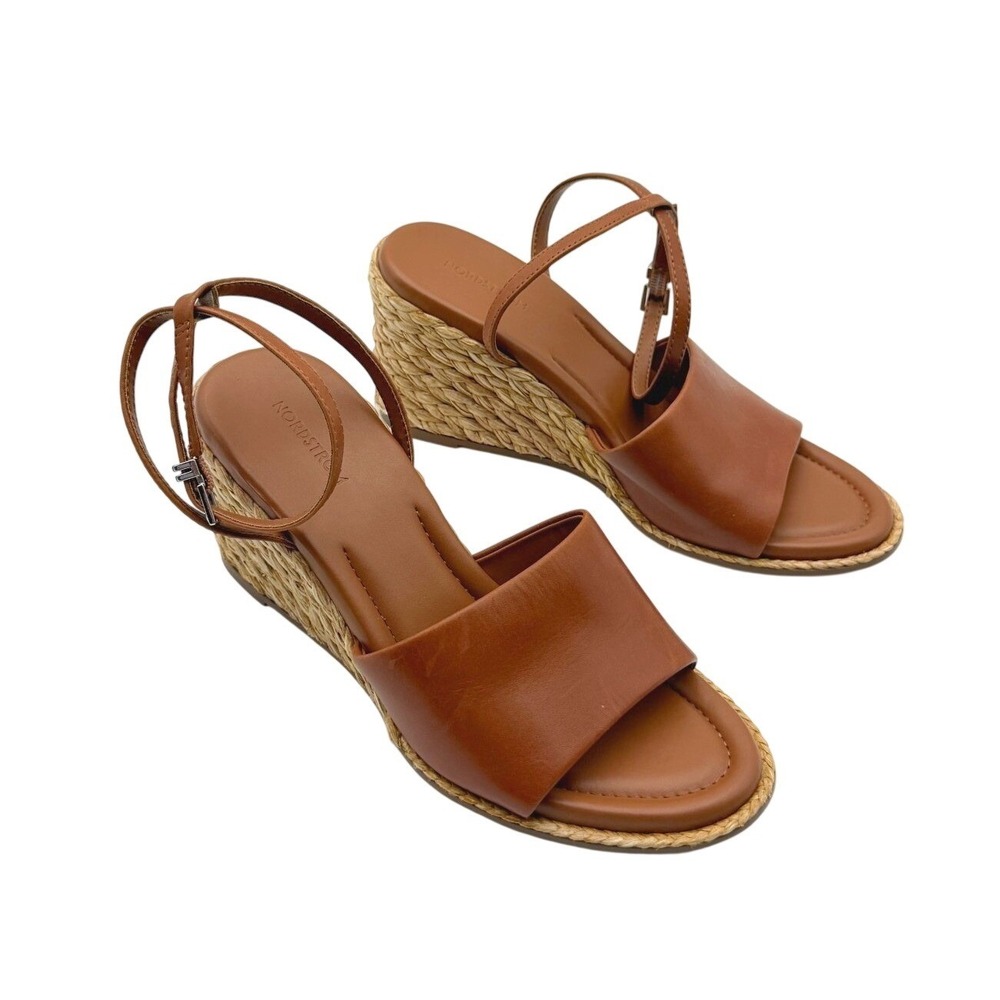 Nordstrom Womens 7M Brown Leather Arlene Ankle Strap Espadrille Wedge Sandals